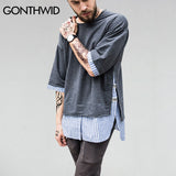 GONTHWID Striped Patchwork Curved Hem Extended T Shirts