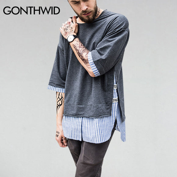 GONTHWID Striped Patchwork Curved Hem Extended T Shirts