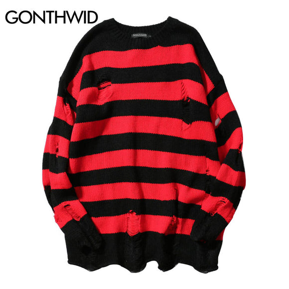 GONEWILD Ripped Stripe Knit Sweaters Men Hip Hop