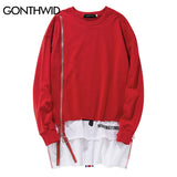 GONTHWID Front Long Zipper Back Ribbon Hoodies Hip Hop