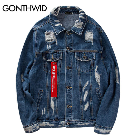 GONTHWID Ribbon Ripped Denim Jacket Mens