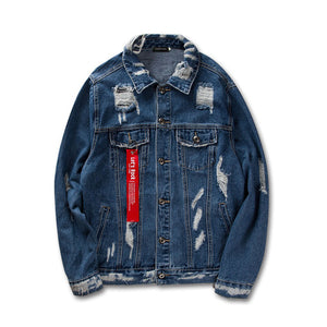 GONTHWID Ribbon Ripped Denim Jacket Mens