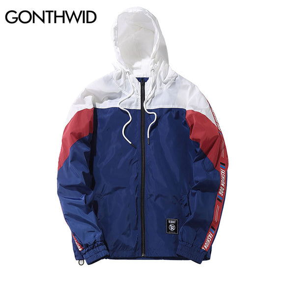 GONTHWID Color Block Patchwork Windbreaker Hooded Jackets