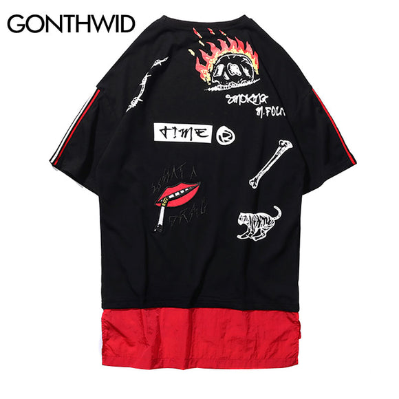 GONTHWID Embroidery Lips Graffiti Printed T Shirts Hip Hop